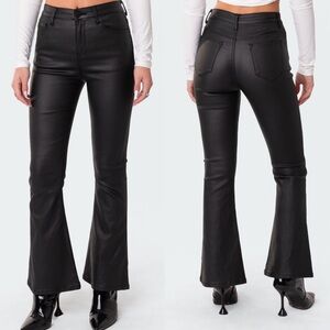 Edikted Petite Luna Faux Leather Flare Jeans in black